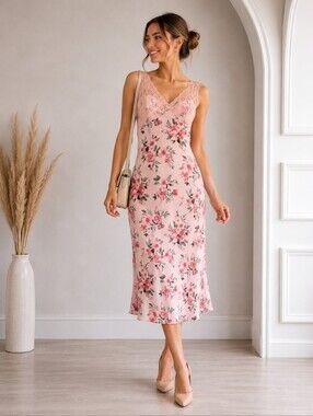 🆕 💕 Trixxi Blush Pink Floral Lace-Trim Maxi Slip Dress